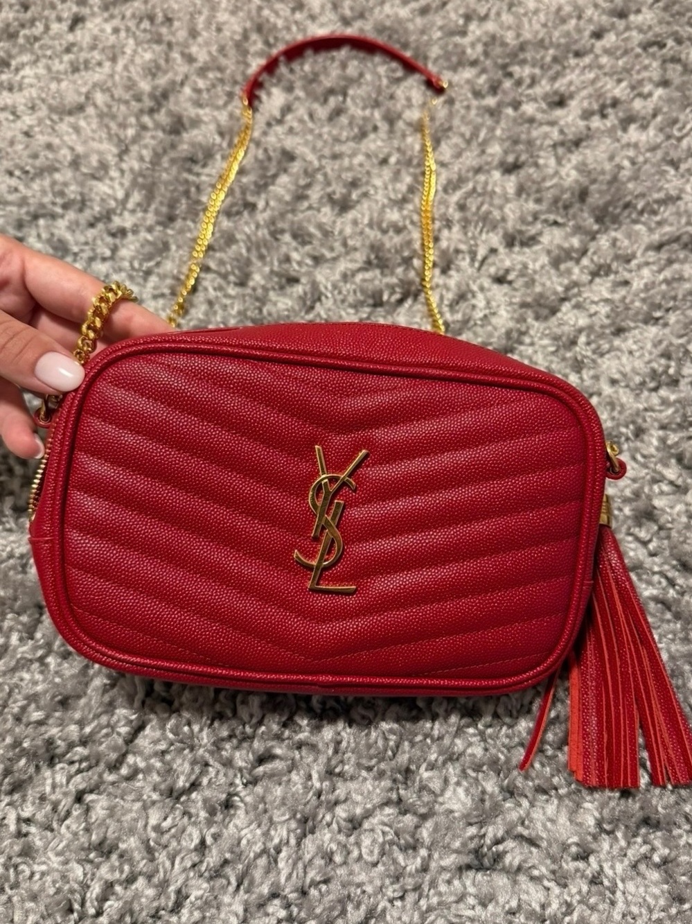 Saint Laurent Red Quilted Camera Bag with Gold Hardware